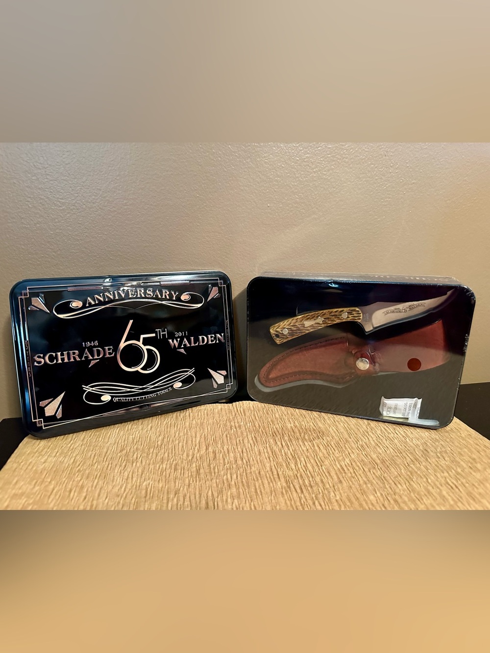 Schrade-Walden 65th Anniversary Tin with Peach Seed Bone Handle Knife and Sheath